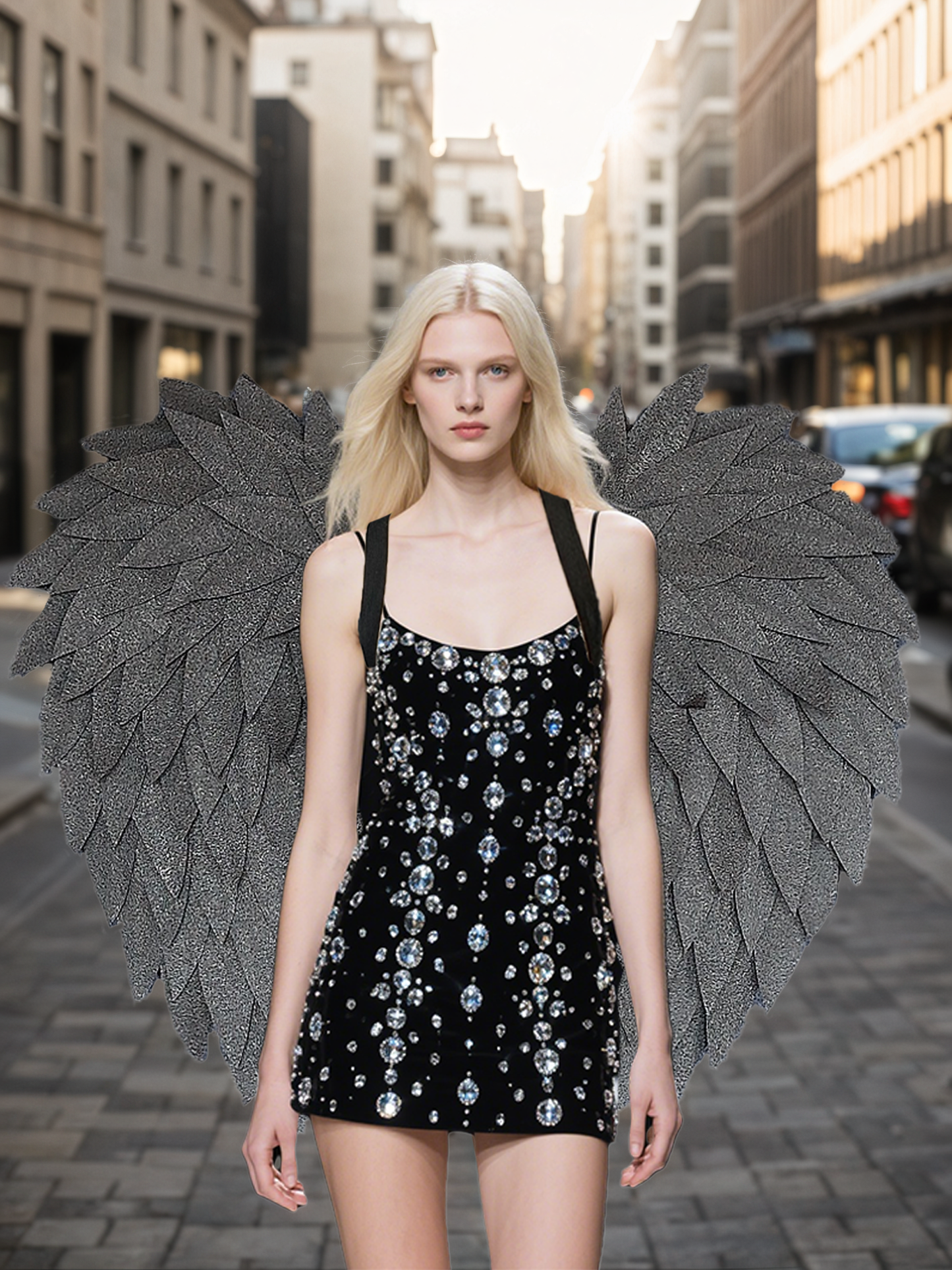 Handmade black foam angel wings for cosplay activities.