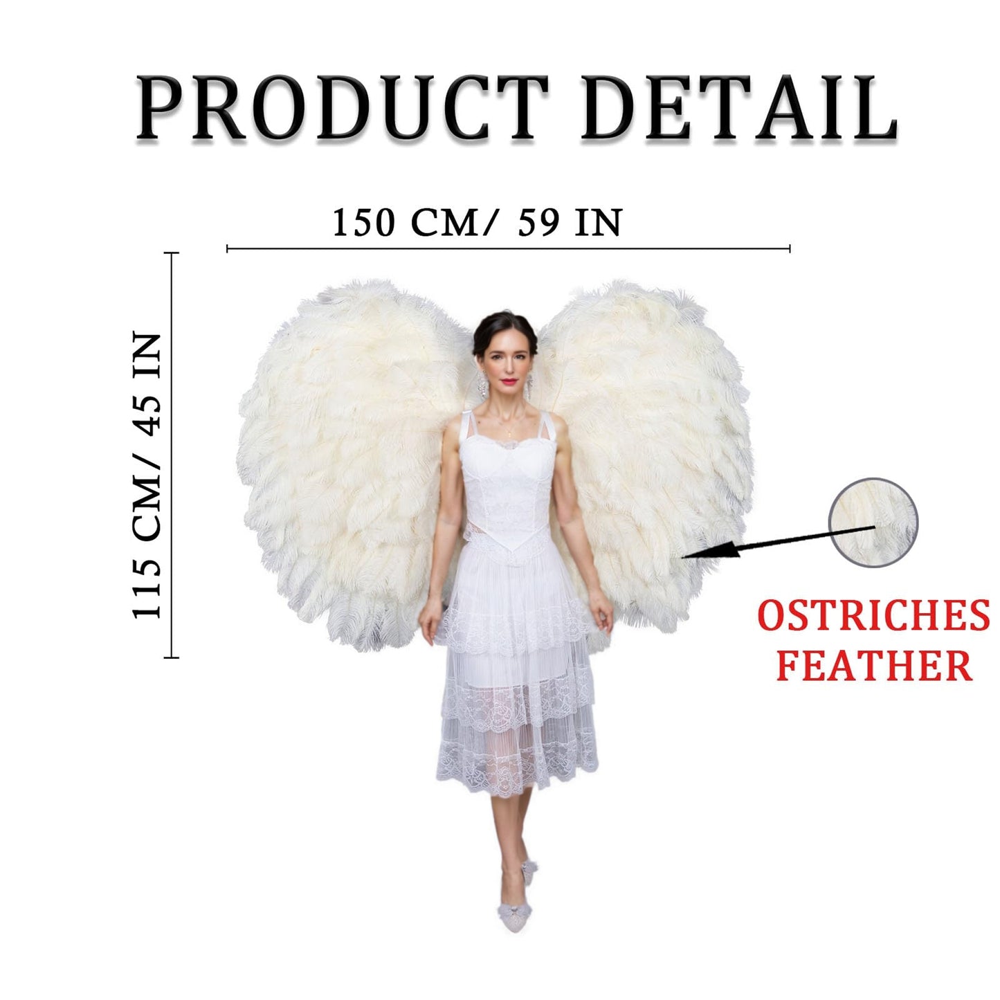Angel wings made of off - white ostrich feathers. They can fully enhance the atmosphere for photoshoots and fashion shows.