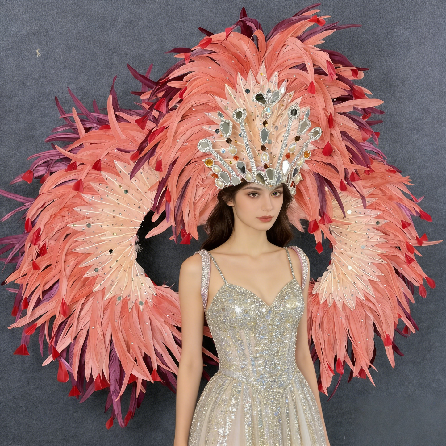 Luxury Pink Samba Feather Wings & Feather Headdress with Gorgeous Crystal Decoration, Brazilian Carnival Performance Props