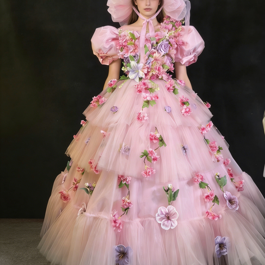 Pink Floral Fairy Tutu Dress, Multi-Layer Tulle with Flower Decor, Stage Performance Costume, Flower Fairy Theme Outfit