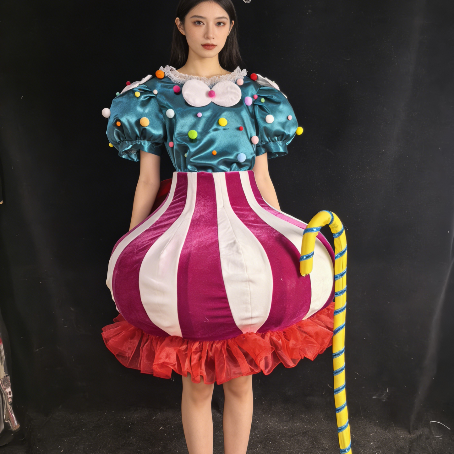 Women's Clown Circus Costume, Blue & Green Pom-Pom Top, Pink & White Striped Tutu Skirt, Stage Performance Outfit