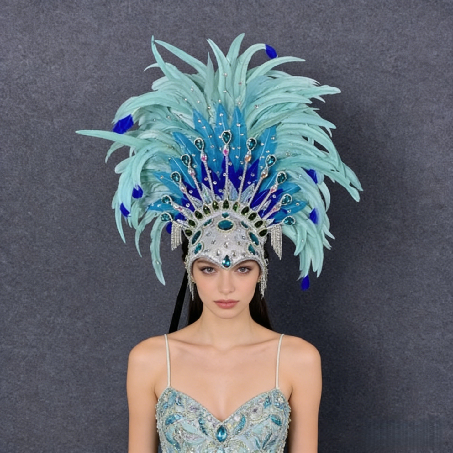 Custom Blue Headdress, Performance Props for Stage Show, Amusement Park Parade & Carnival