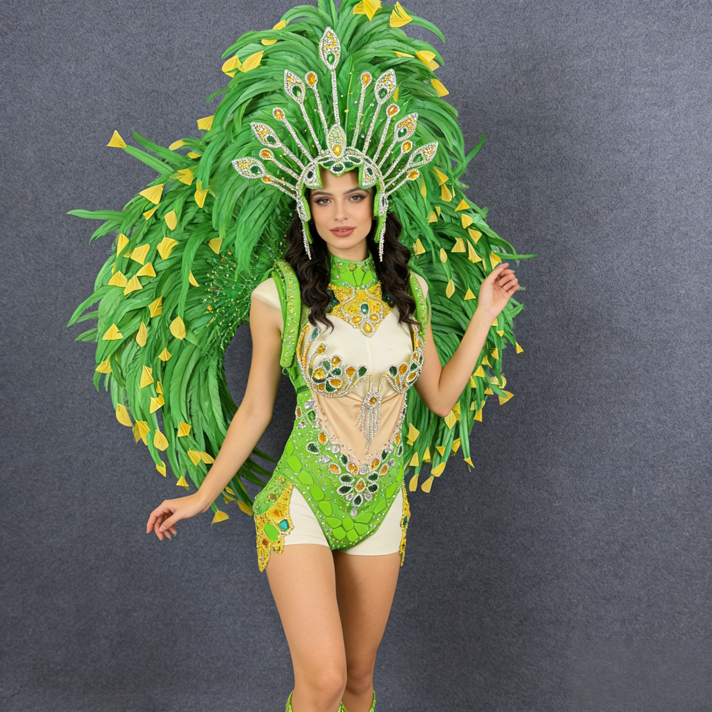 Women's Samba Carnival Costume, Brazilian Dance Outfit with Green Sequin Feather Headdress, Glamorous Stage Performance Wear