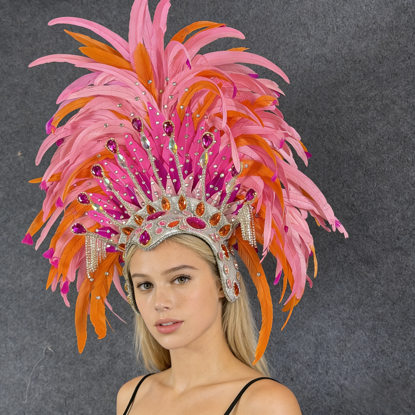 Pink & Orange Feather Rooster Tail Headdress, Custom Colors, Eye-Catching for Commercial Shows, Catwalk & Celebrations