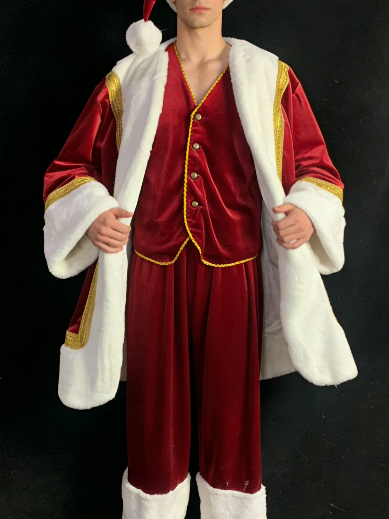 Men's Christmas Theme Performance Costume, Burgundy Velvet White Fur Gold Trim Outfit, Santa Style Stage Wear