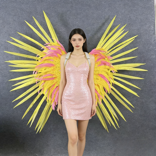Brazilian Carnival Performance Props, Pink & Yellow Contrast Feather Wings with Rhinestones, Samba Performance Props