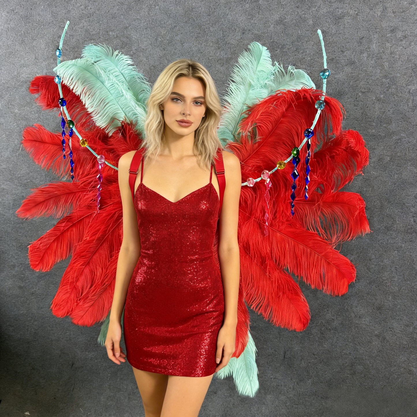 Red & Mint Green Contrast Large Ostrich Feather Wings with Rhinestone Decoration, Eye-Catching for Commercial Shows & Catwalk