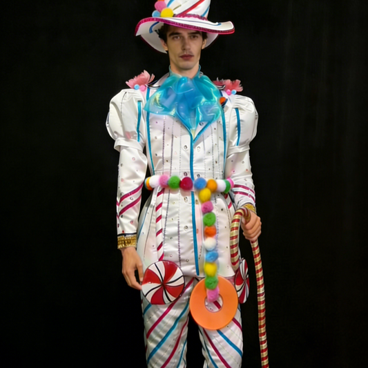 Clown Performance Costume, Colorful Ball Decor Striped Candy Style Outfit, Circus Theme Stage Wear
