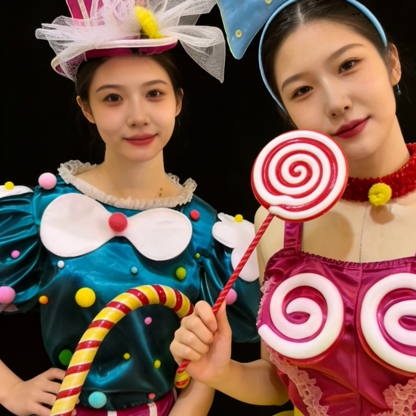 Women's Clown Circus Costume, Blue & Green Pom-Pom Top, Pink & White Striped Tutu Skirt, Stage Performance Outfit