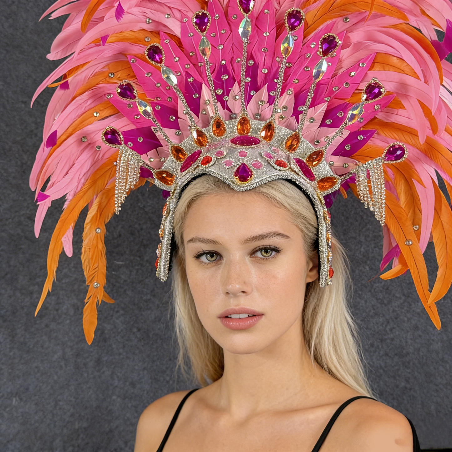 Pink & Orange Feather Rooster Tail Headdress, Custom Colors, Eye-Catching for Commercial Shows, Catwalk & Celebrations