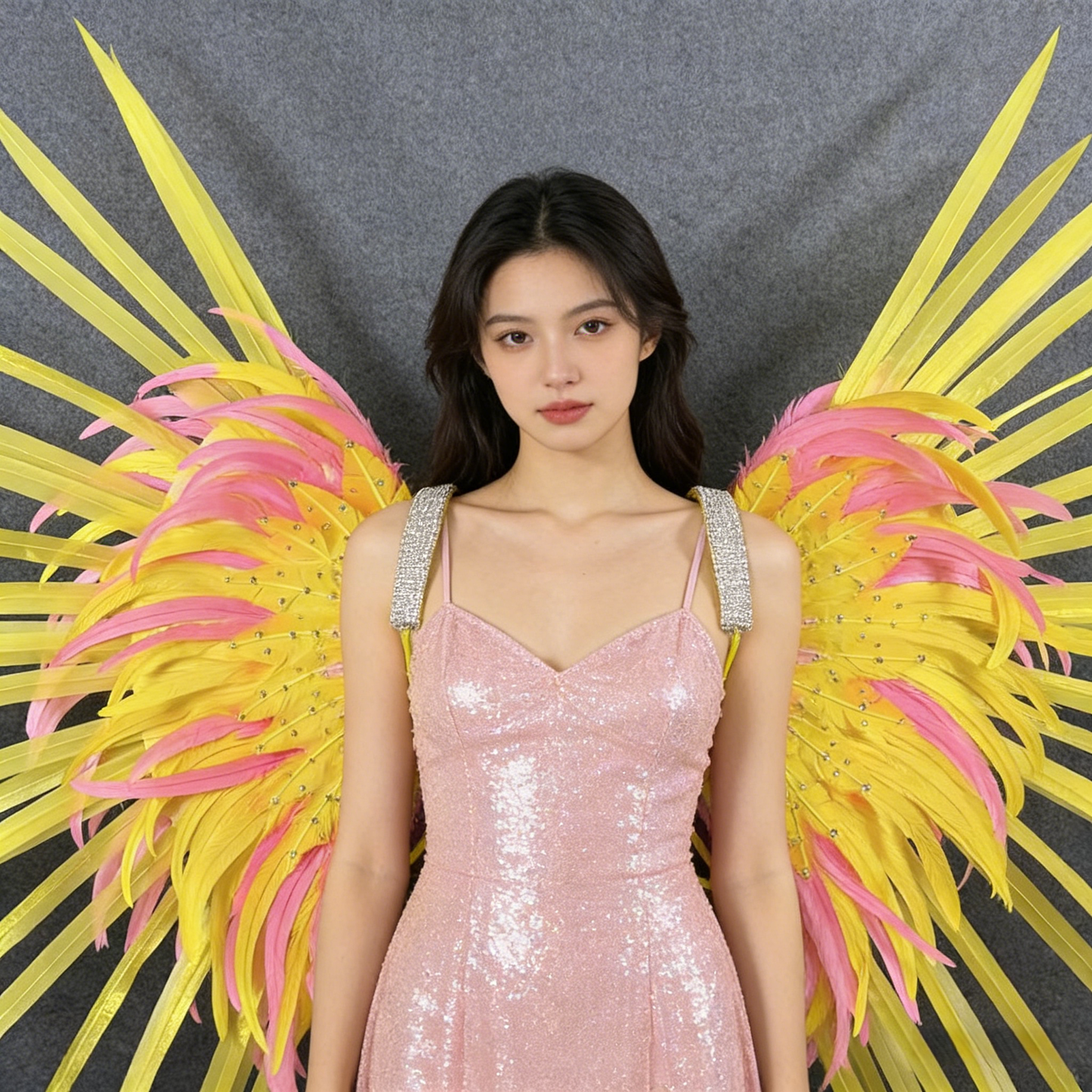 Brazilian Carnival Performance Props, Pink & Yellow Contrast Feather Wings with Rhinestones, Samba Performance Props
