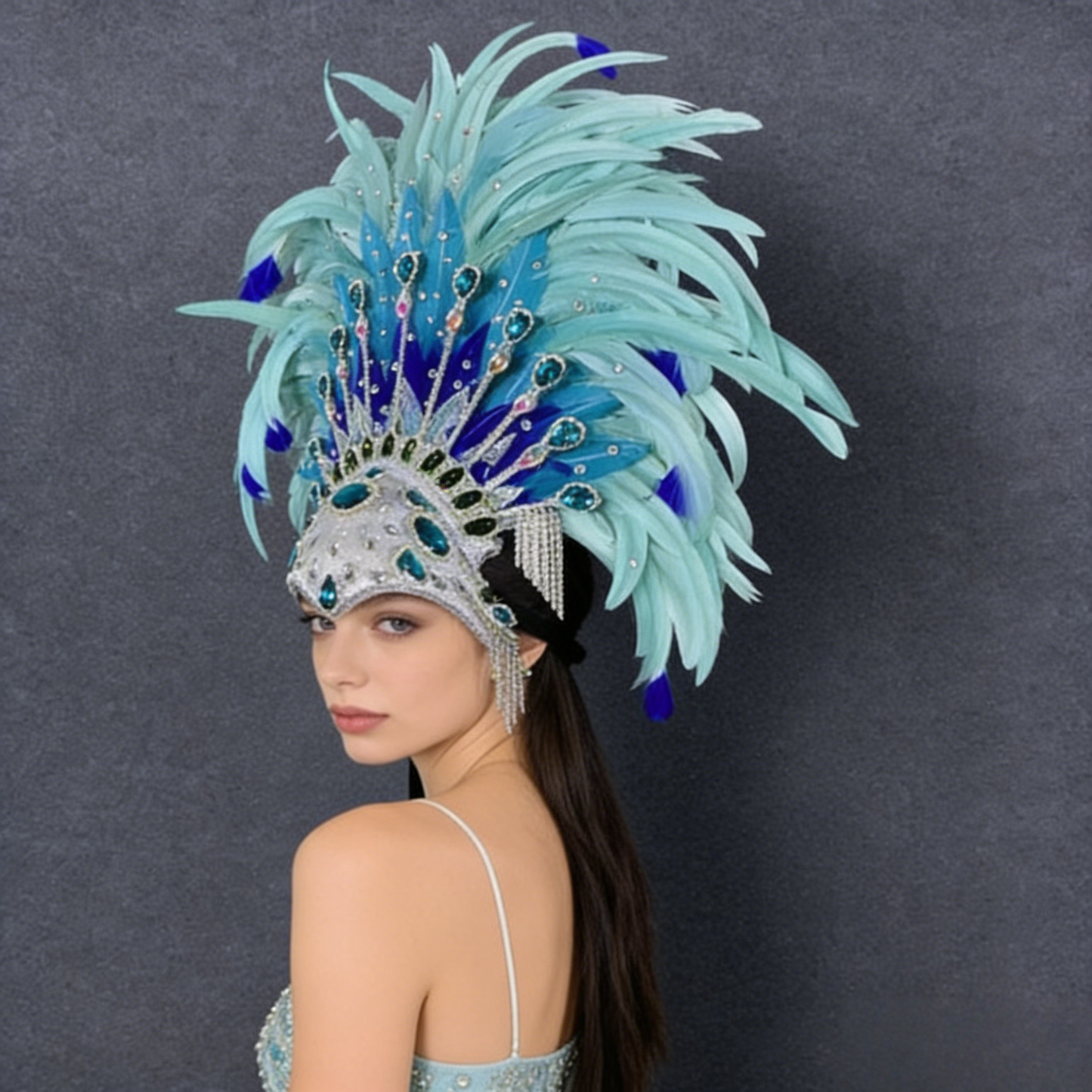Custom Blue Headdress, Performance Props for Stage Show, Amusement Park Parade & Carnival