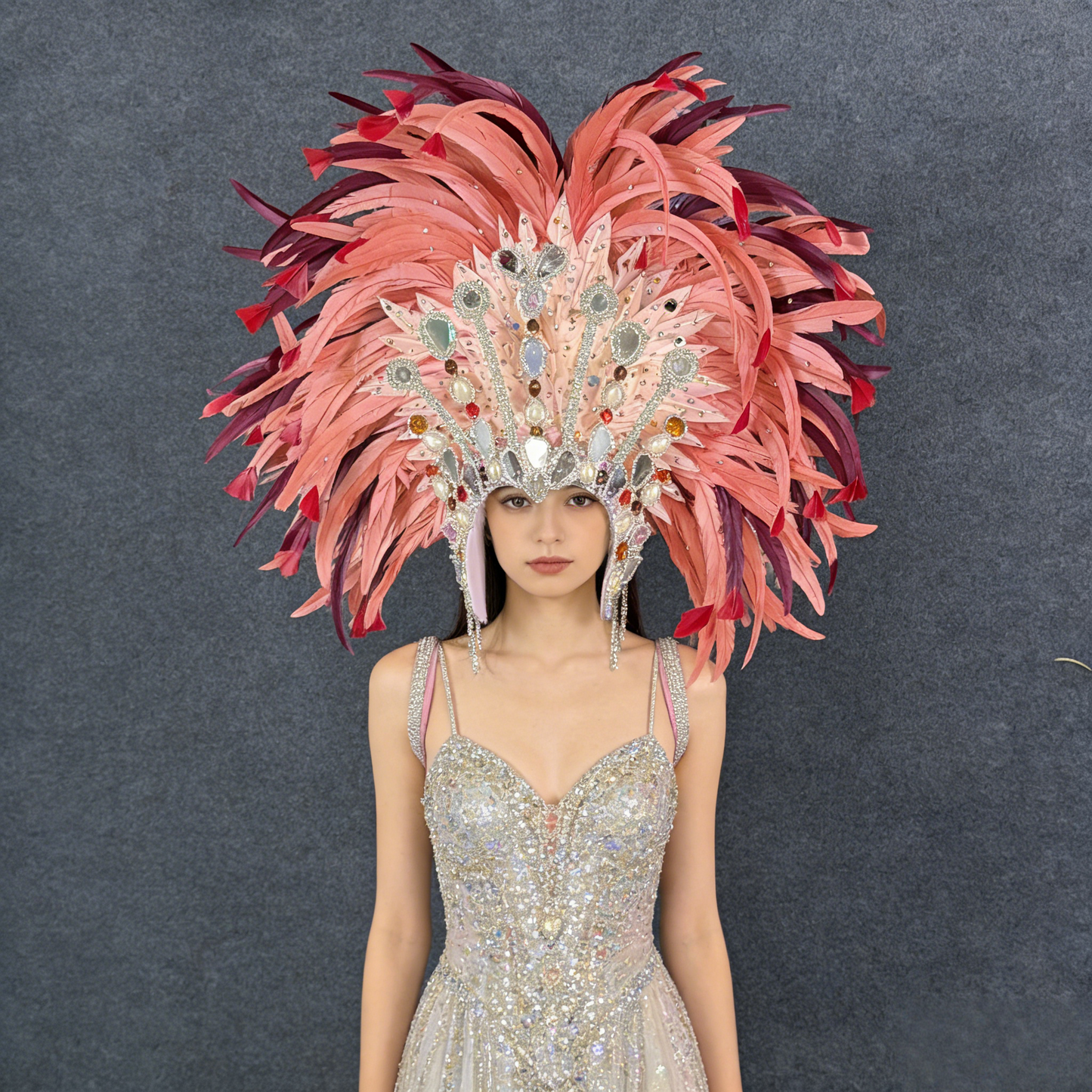 Luxury Pink Samba Feather Wings & Feather Headdress with Gorgeous Crystal Decoration, Brazilian Carnival Performance Props