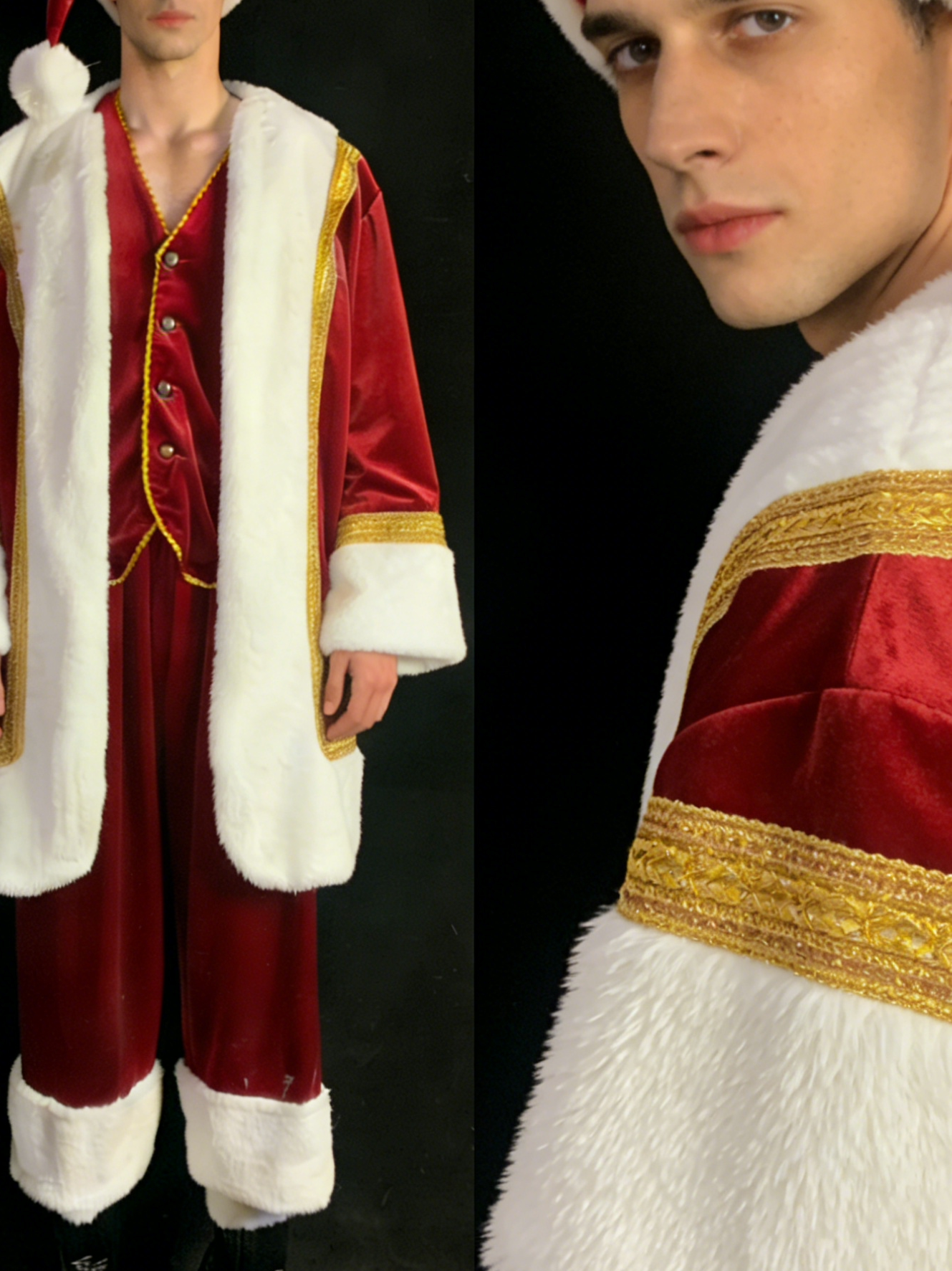 Men's Christmas Theme Performance Costume, Burgundy Velvet White Fur Gold Trim Outfit, Santa Style Stage Wear