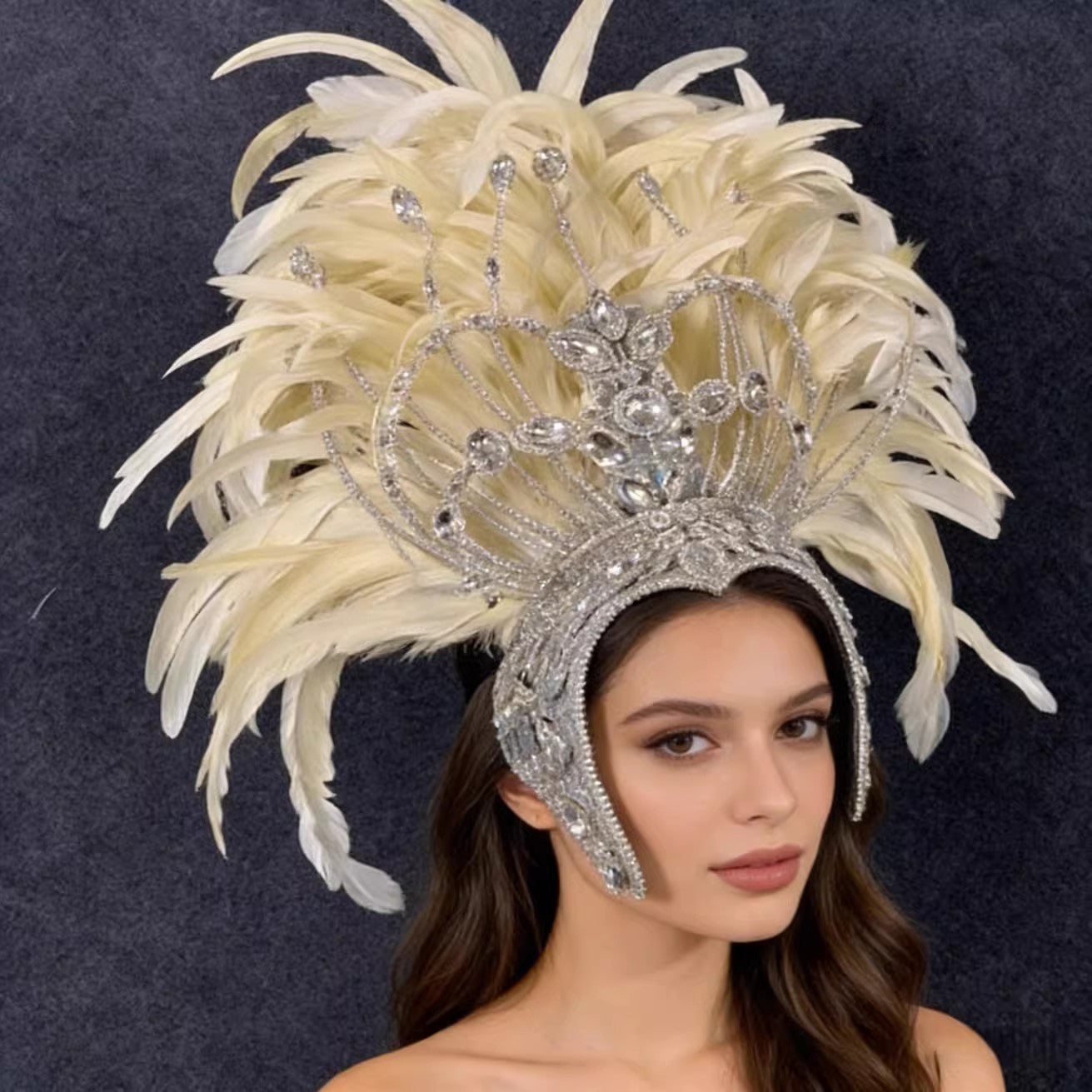Custom White Sparkling Crystal Headdress, Performance Props for Amusement Park & Carnival Parade