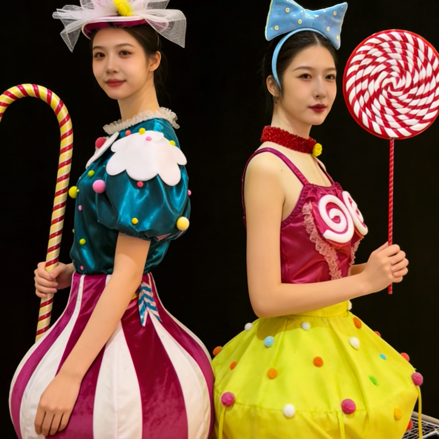 Women's Clown Circus Costume, Blue & Green Pom-Pom Top, Pink & White Striped Tutu Skirt, Stage Performance Outfit