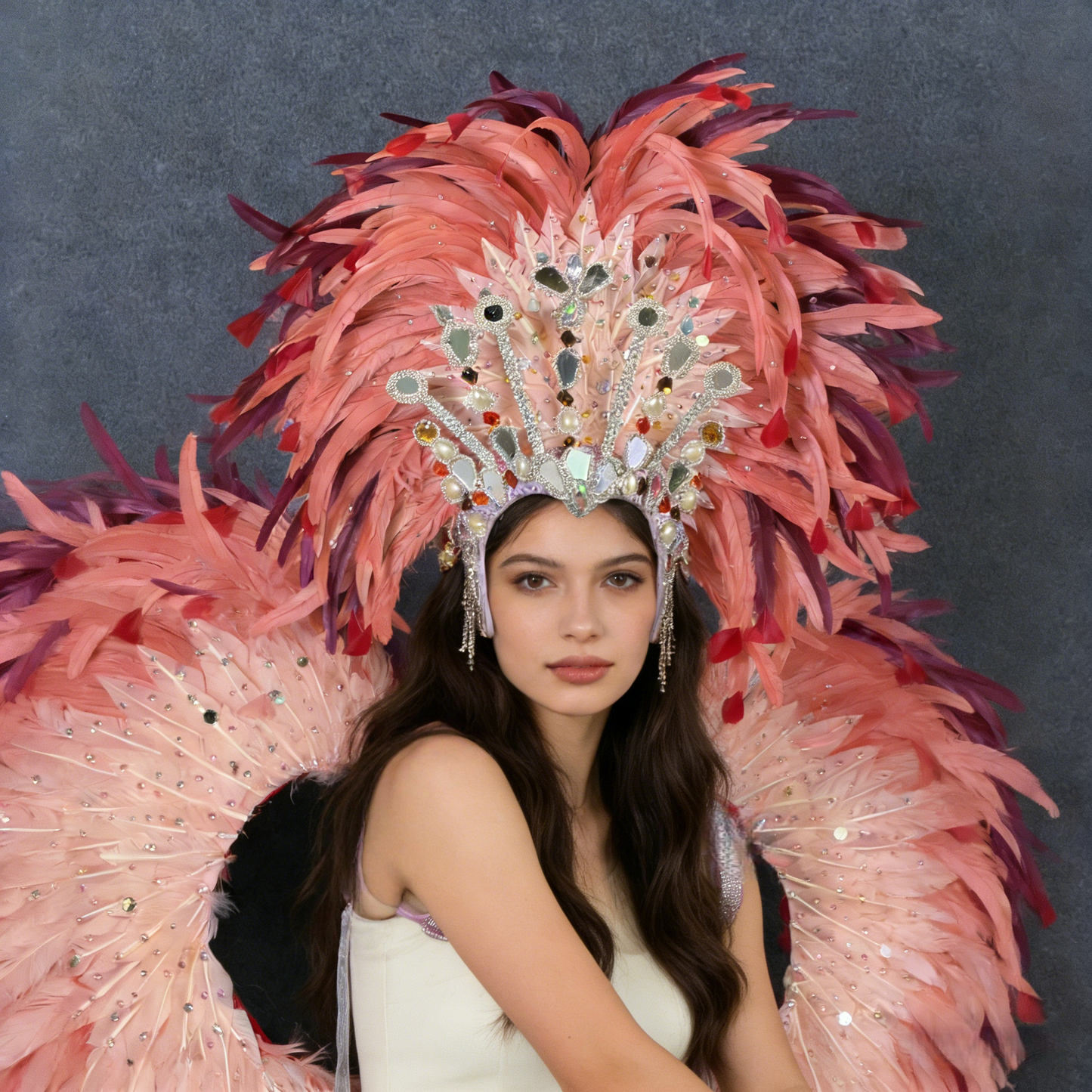 Luxury Pink Samba Feather Wings & Feather Headdress with Gorgeous Crystal Decoration, Brazilian Carnival Performance Props