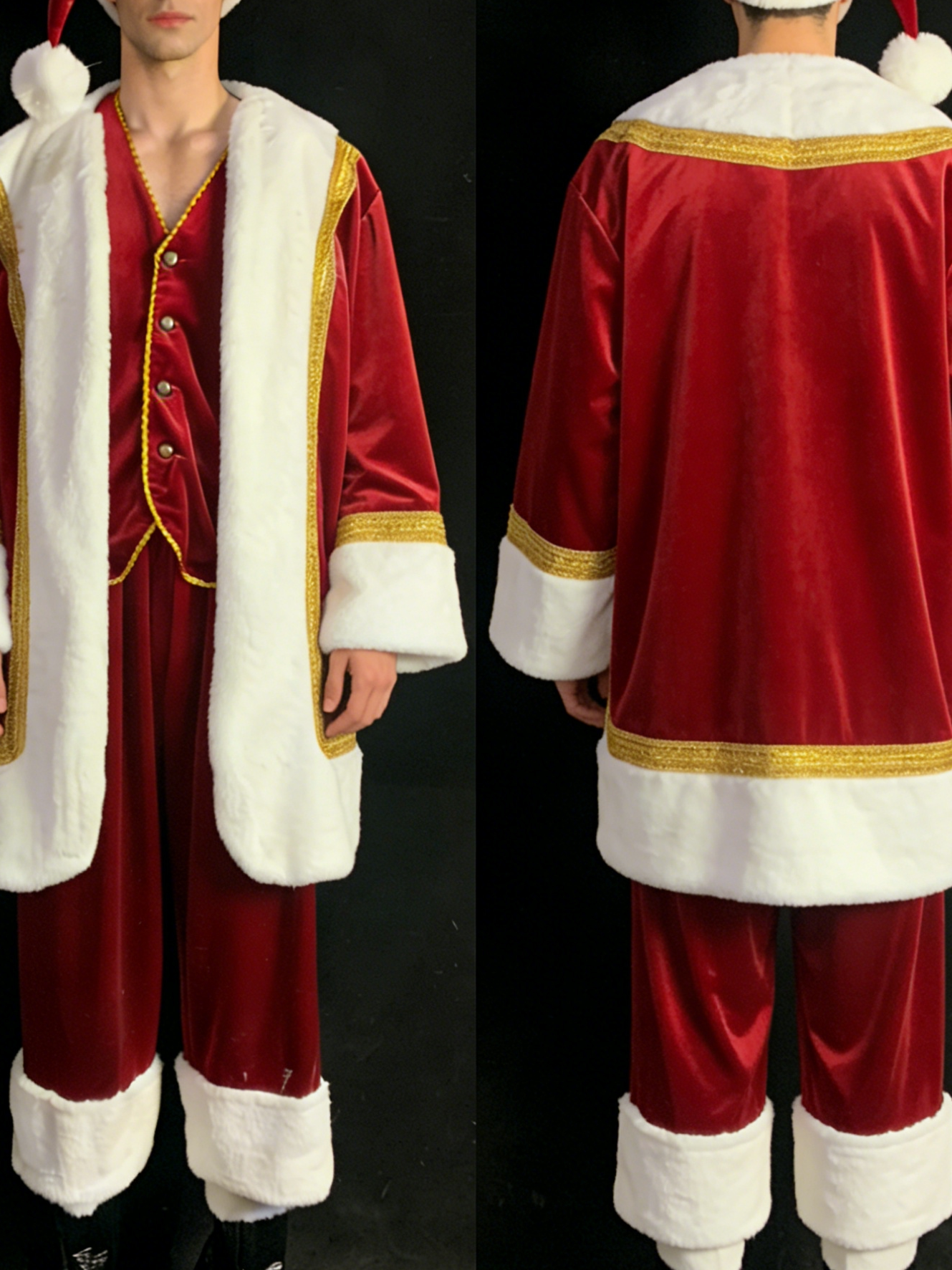 Men's Christmas Theme Performance Costume, Burgundy Velvet White Fur Gold Trim Outfit, Santa Style Stage Wear