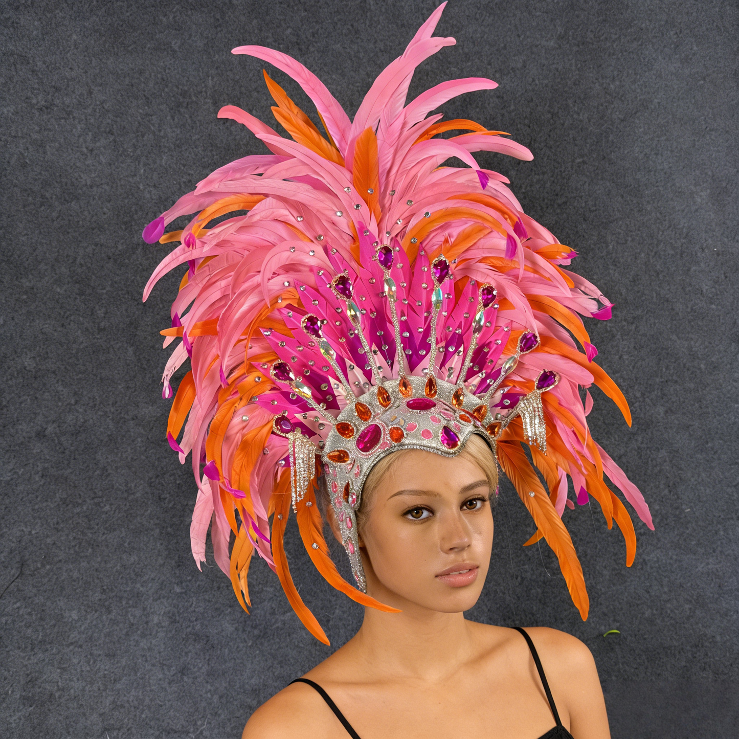 Pink & Orange Feather Rooster Tail Headdress, Custom Colors, Eye-Catching for Commercial Shows, Catwalk & Celebrations