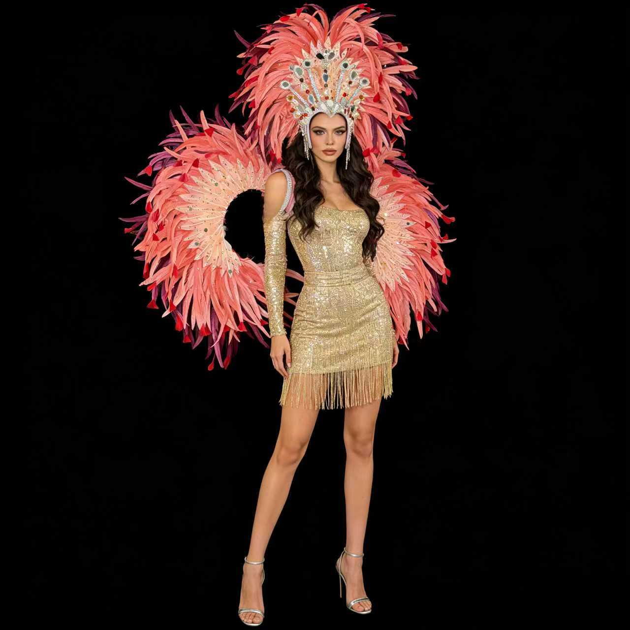 Luxury Pink Samba Feather Wings & Feather Headdress with Gorgeous Crystal Decoration, Brazilian Carnival Performance Props