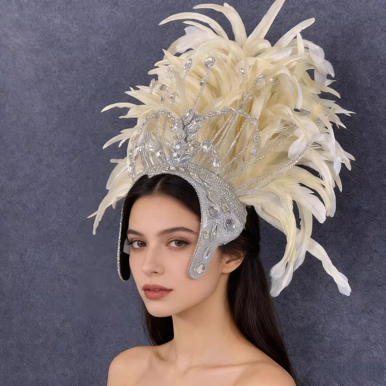 Custom White Sparkling Crystal Headdress, Performance Props for Amusement Park & Carnival Parade