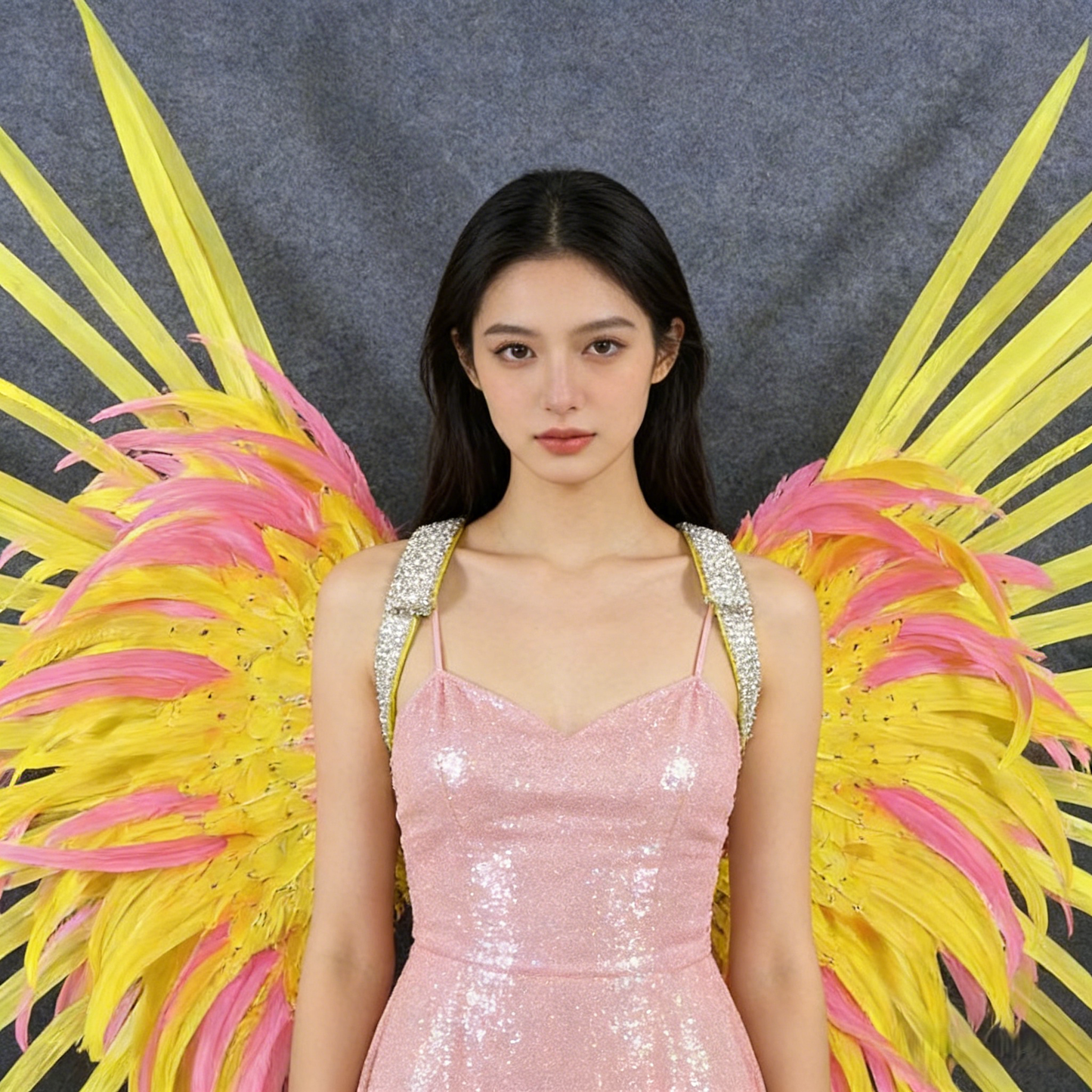 Brazilian Carnival Performance Props, Pink & Yellow Contrast Feather Wings with Rhinestones, Samba Performance Props