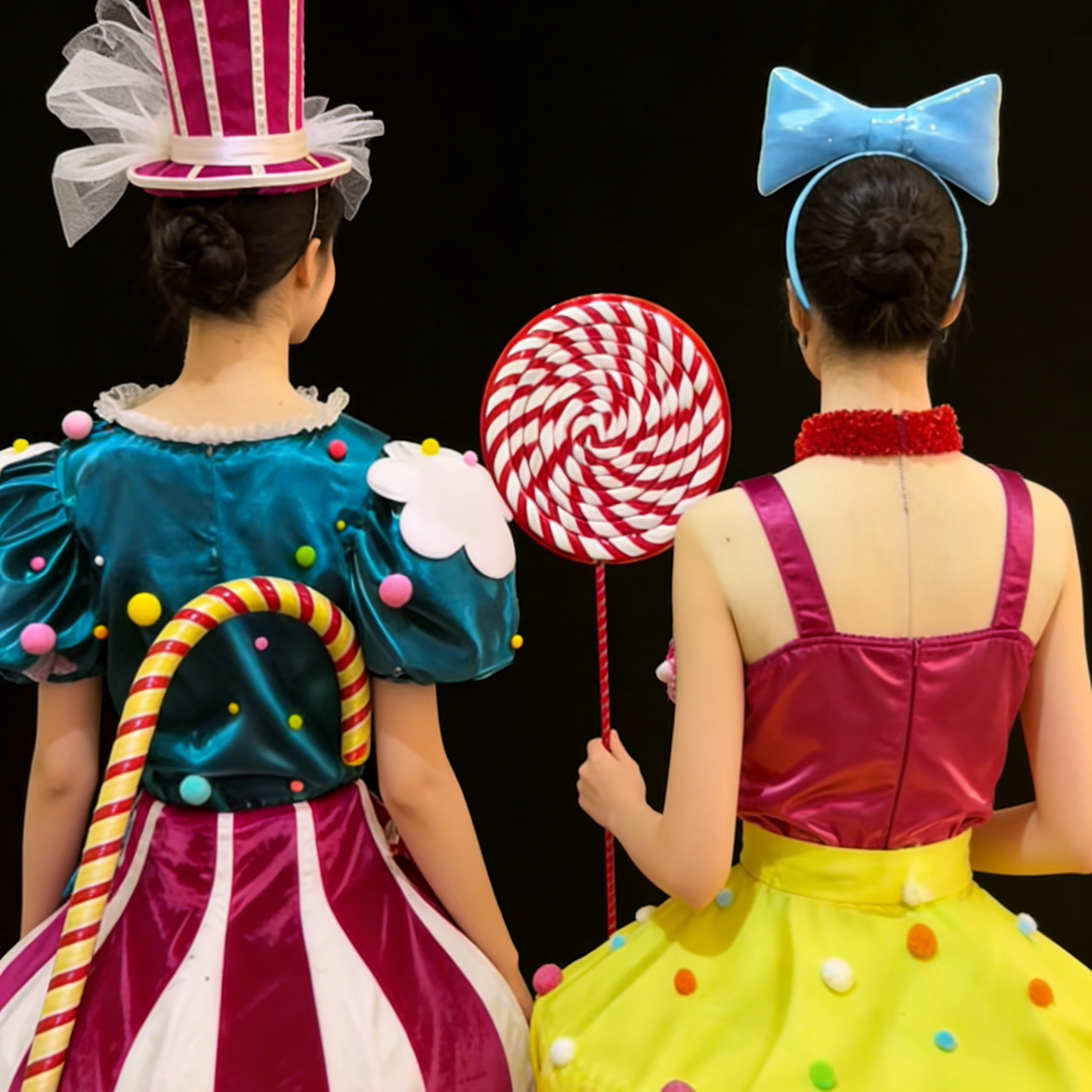 Women's Clown Circus Costume, Blue & Green Pom-Pom Top, Pink & White Striped Tutu Skirt, Stage Performance Outfit