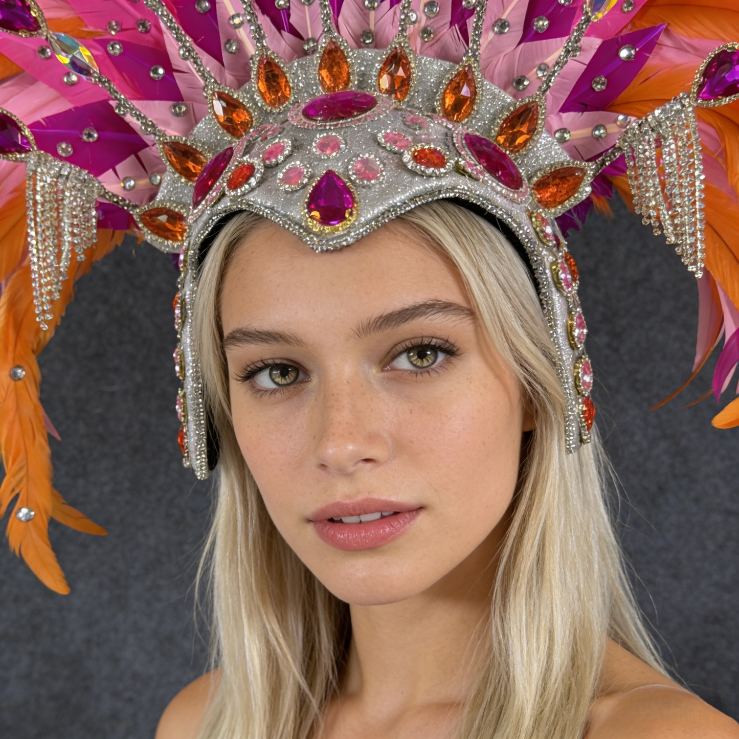 Pink & Orange Feather Rooster Tail Headdress, Custom Colors, Eye-Catching for Commercial Shows, Catwalk & Celebrations