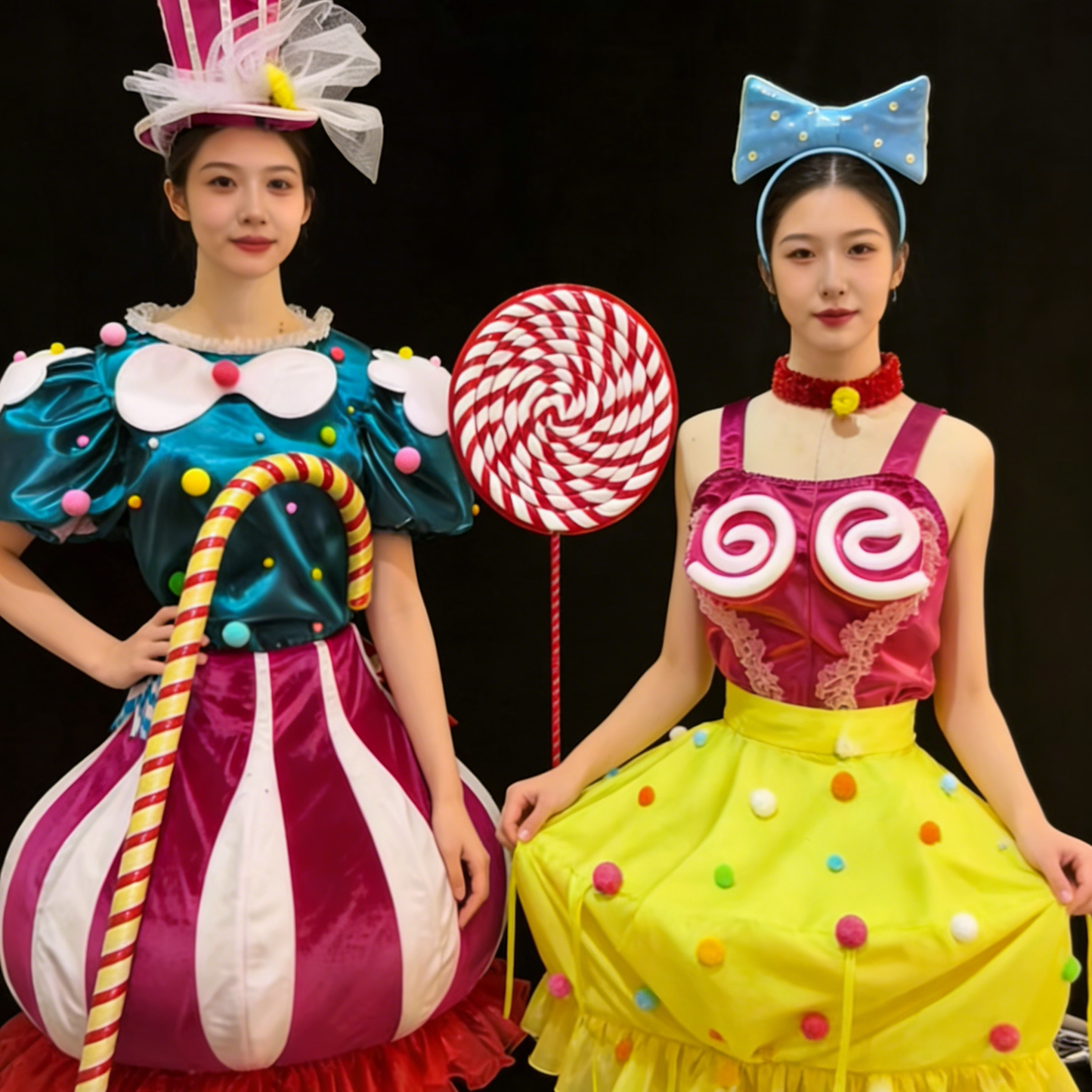 Women's Clown Circus Costume, Blue & Green Pom-Pom Top, Pink & White Striped Tutu Skirt, Stage Performance Outfit