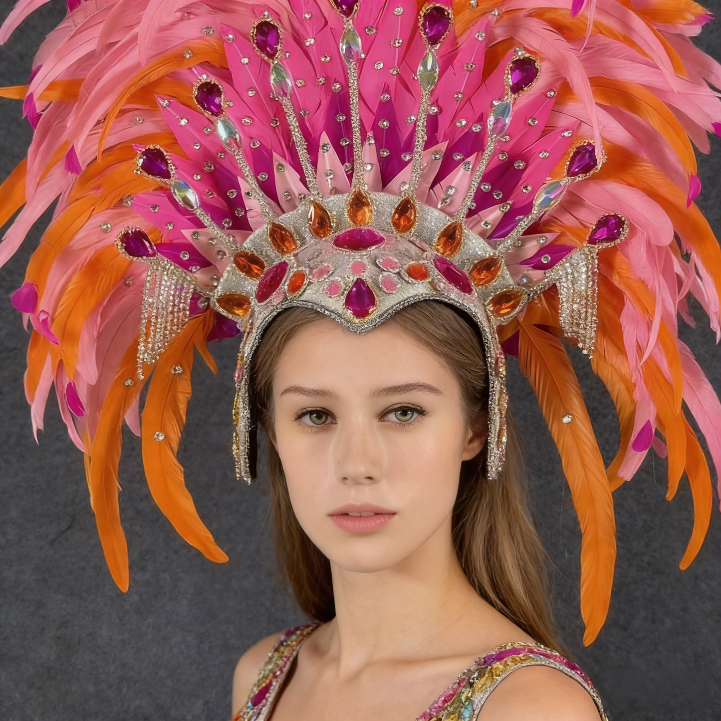 Pink & Orange Feather Rooster Tail Headdress, Custom Colors, Eye-Catching for Commercial Shows, Catwalk & Celebrations