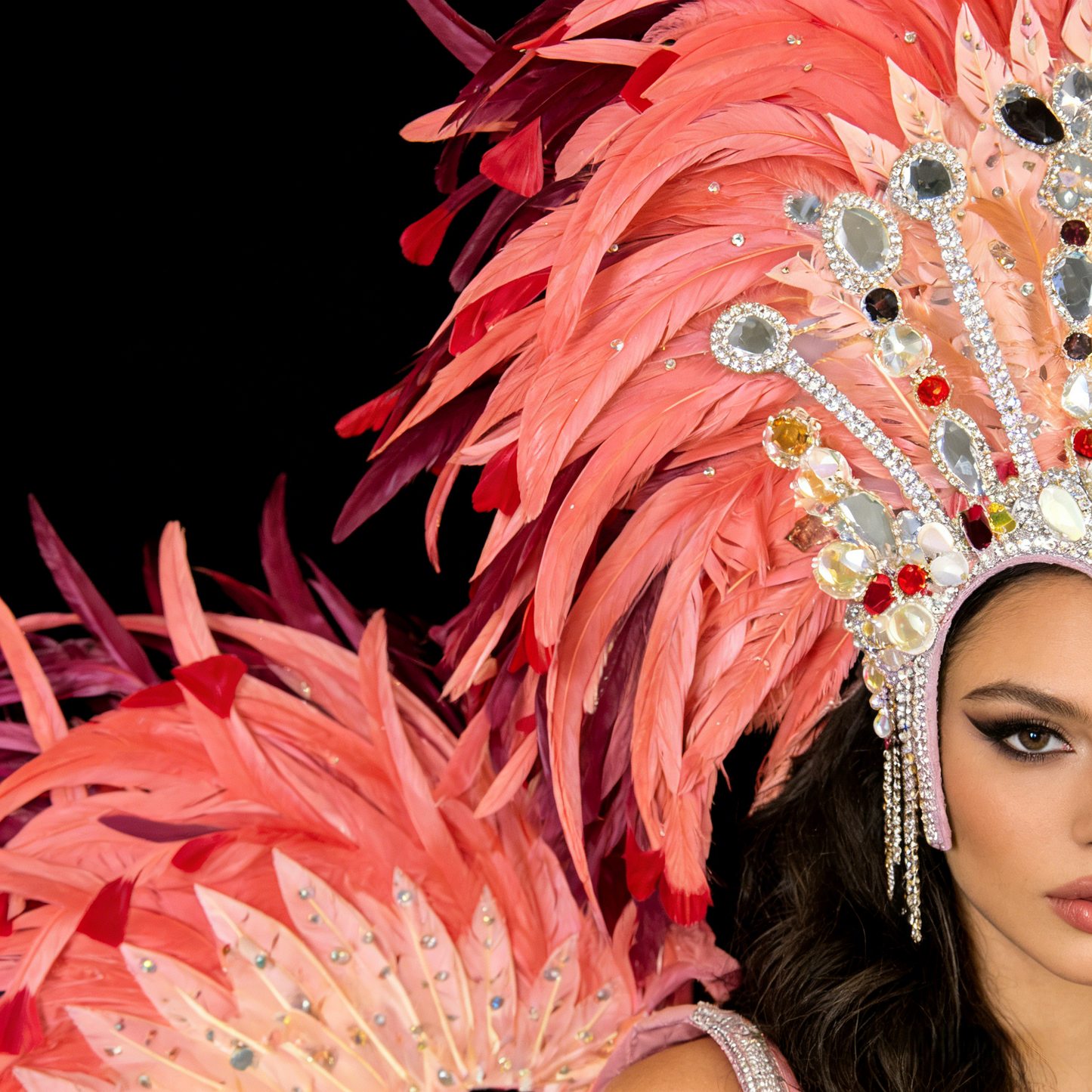 Luxury Pink Samba Feather Wings & Feather Headdress with Gorgeous Crystal Decoration, Brazilian Carnival Performance Props