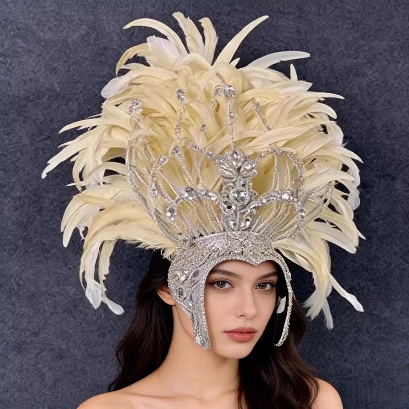 Custom White Sparkling Crystal Headdress, Performance Props for Amusement Park & Carnival Parade