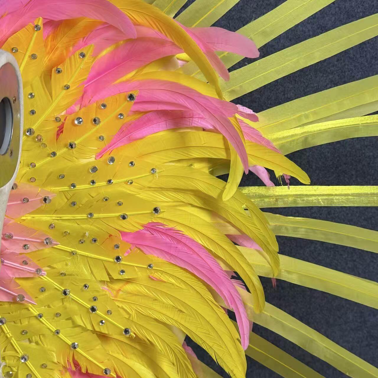 Brazilian Carnival Performance Props, Pink & Yellow Contrast Feather Wings with Rhinestones, Samba Performance Props