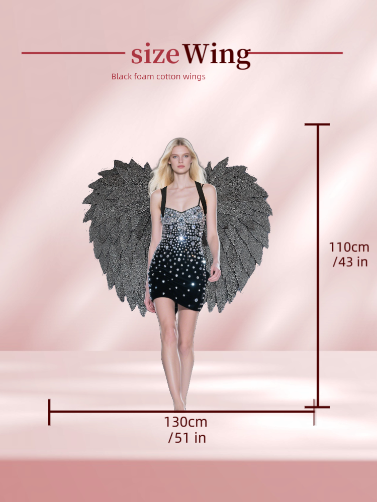 Handmade black foam angel wings for cosplay activities.
