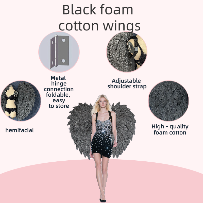 Handmade black foam angel wings for cosplay activities.