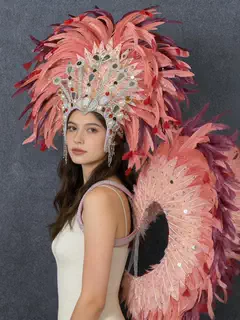 Luxury Pink Samba Feather Wings & Feather Headdress with Gorgeous Crystal Decoration, Brazilian Carnival Performance Props