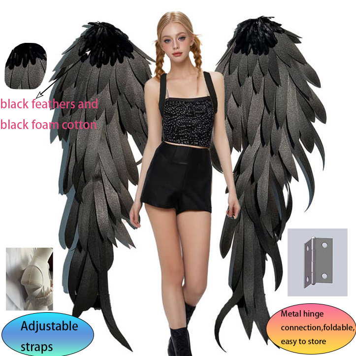 Wholesale Foam Cotton Adult Large Black Angel Wings for Cosplay, Holiday Costumes and Stage Performances